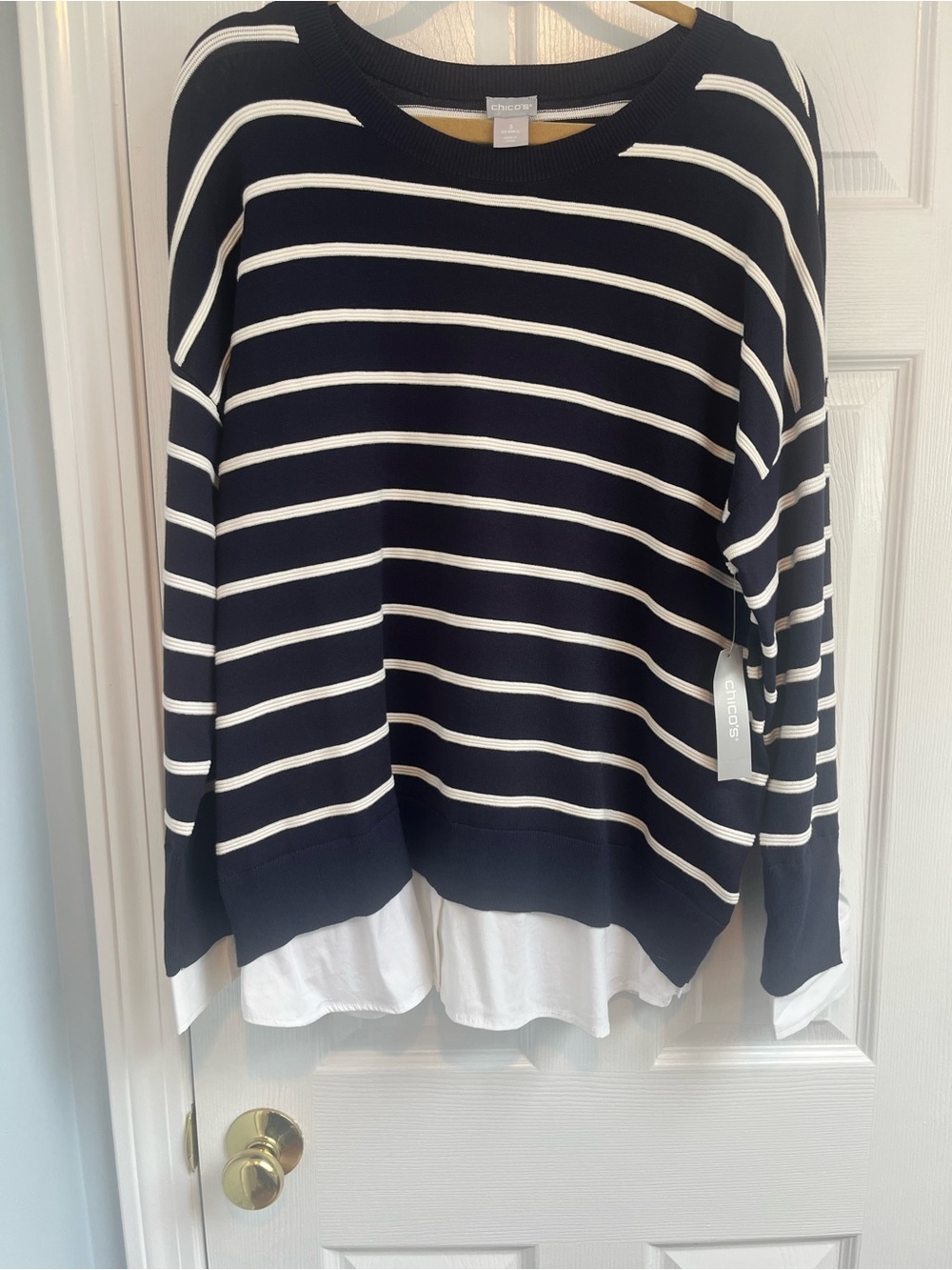Chico's Navy and White Striped Layered Hem Sweater